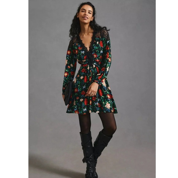 Anthropologie NWT Lacy Floral Print Dress Lace Trim Long Sleeve Dress Size 8 - Picture 2 of 14